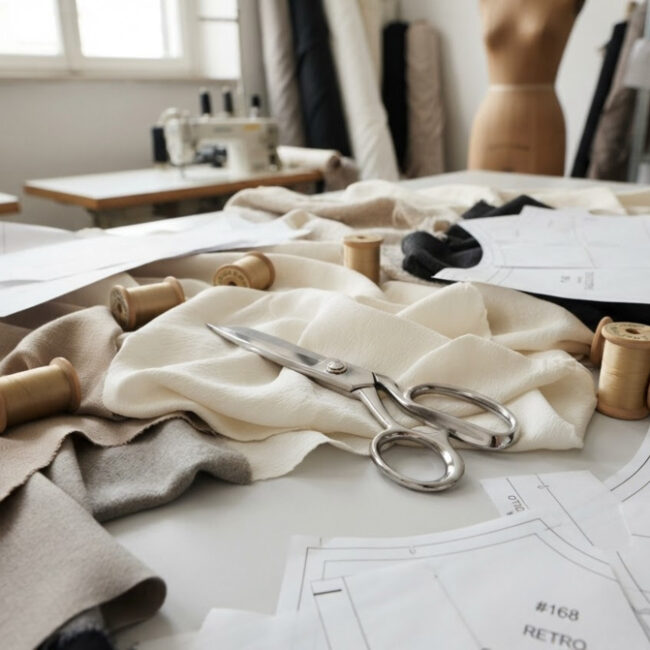 Laboratorio di manifattura sartoriale alta moda con tessuti, cartamodelli e forbici - Fusion Lab