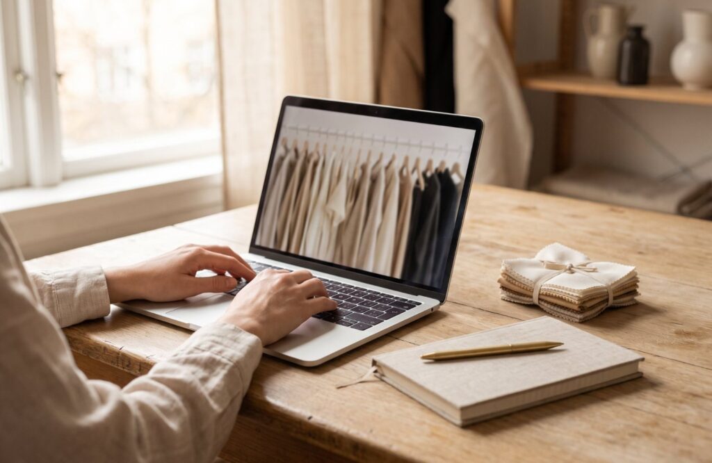Consulente che gestisce un e-commerce di moda dal laptop, con campioni di tessuto sulla scrivania