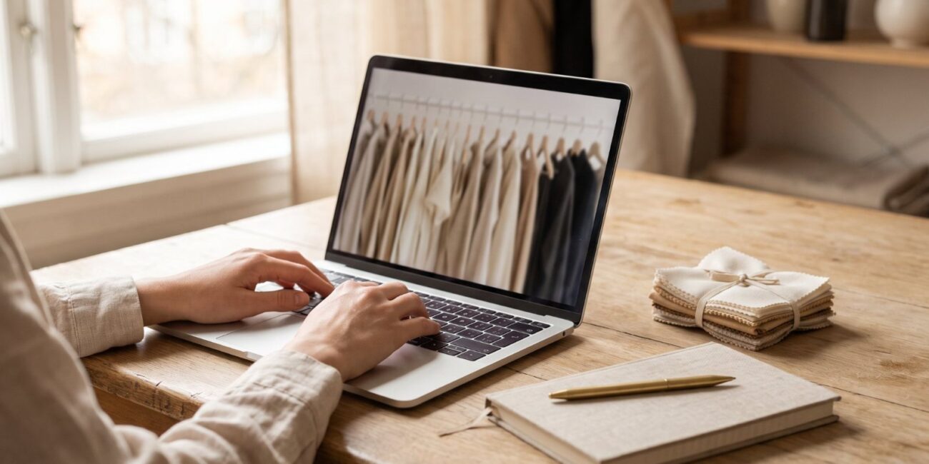 Consultant managing a fashion e-commerce store on a laptop, with fabric swatches on the desk