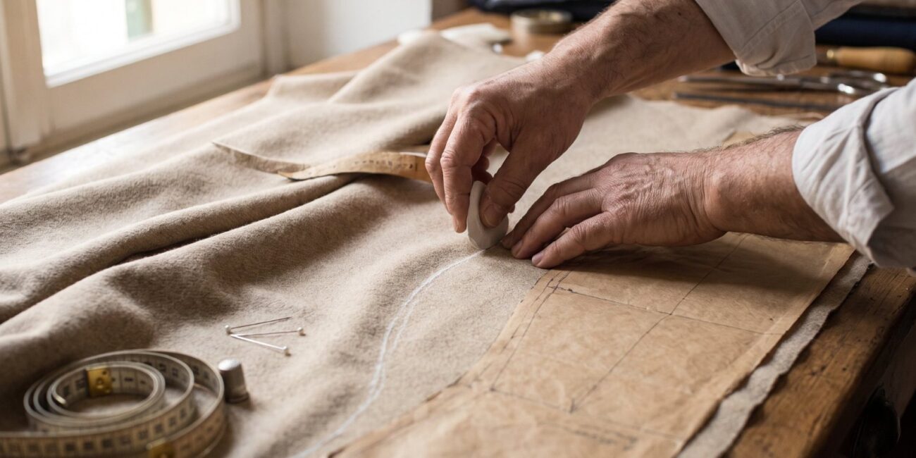 Hands working fabric on a pattern-making table next to a tape measure