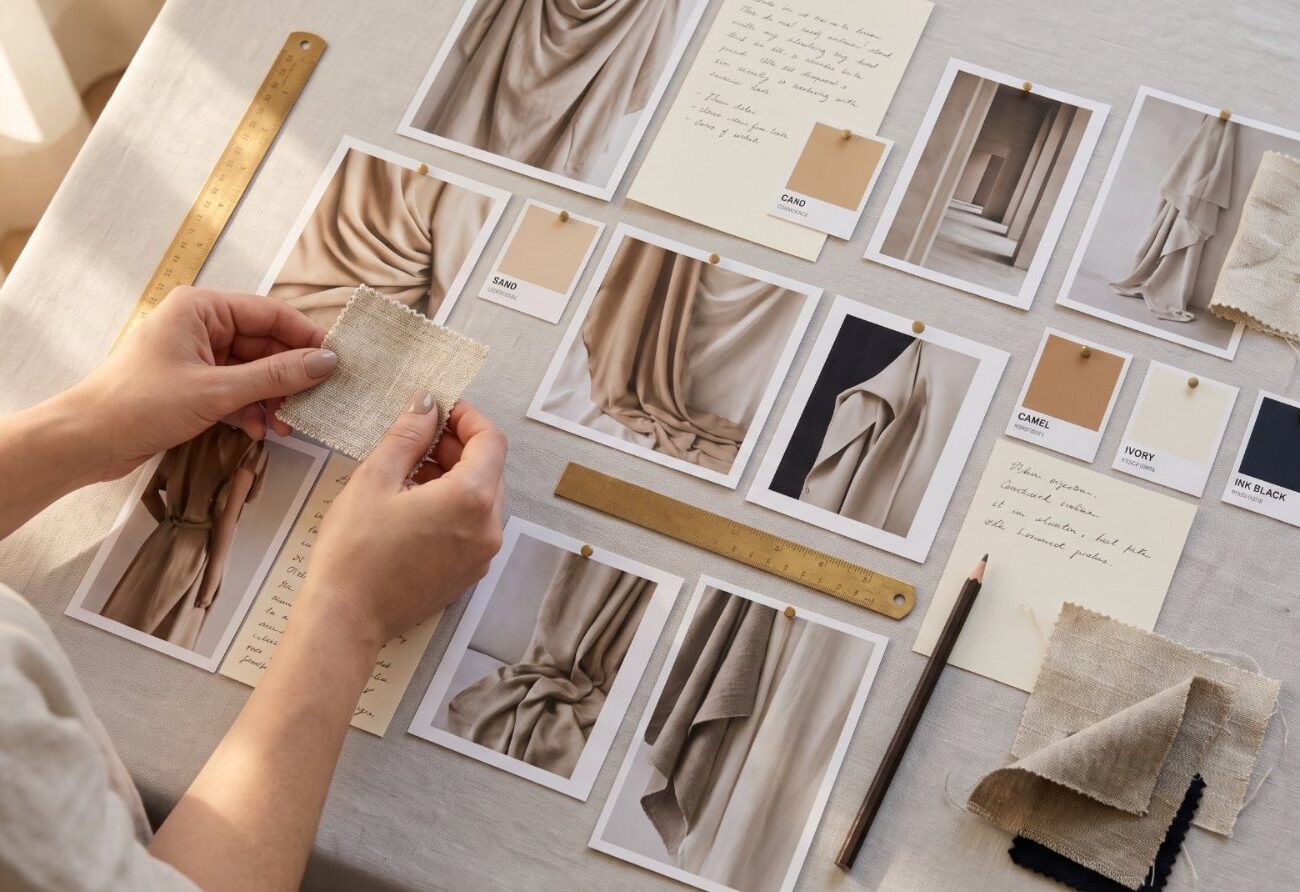 Moodboard di stile con campioni di tessuto, foto di capi e palette di colori