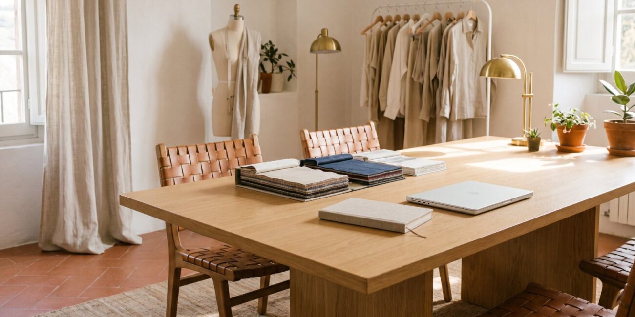 Bright meeting room at the Fusion Lab studio with a wooden table and clothing rails