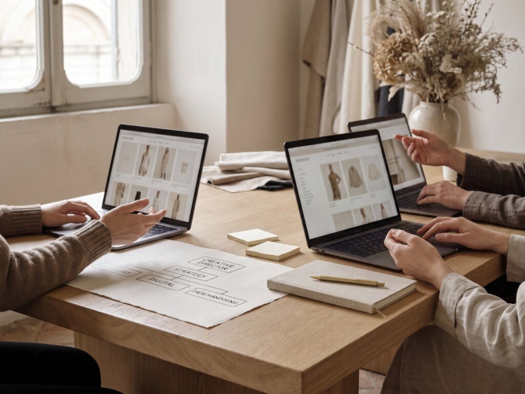 Team al lavoro su più laptop con le schede prodotto di un e-commerce di moda