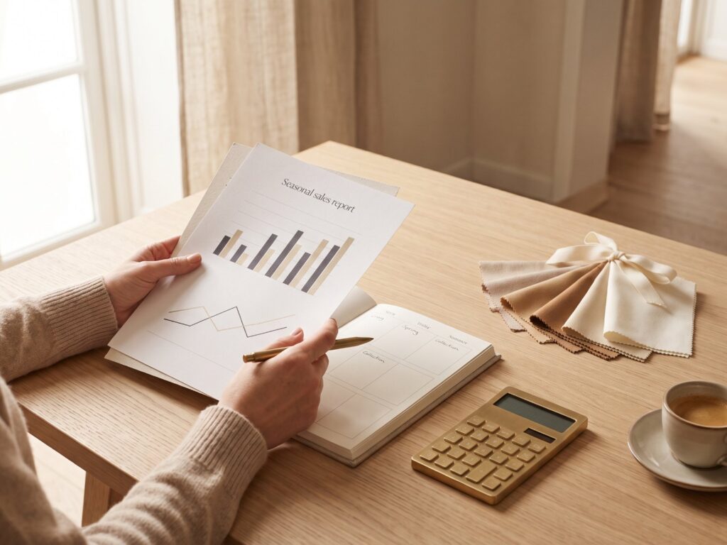 Analisi di budget e KPI con grafici, calcolatrice e campioni di tessuto