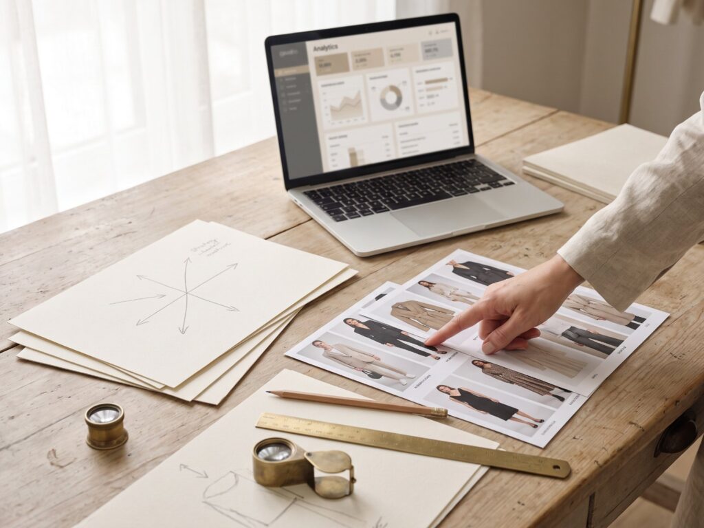 Assessment strategico: report di analisi e laptop con la dashboard di un brand moda