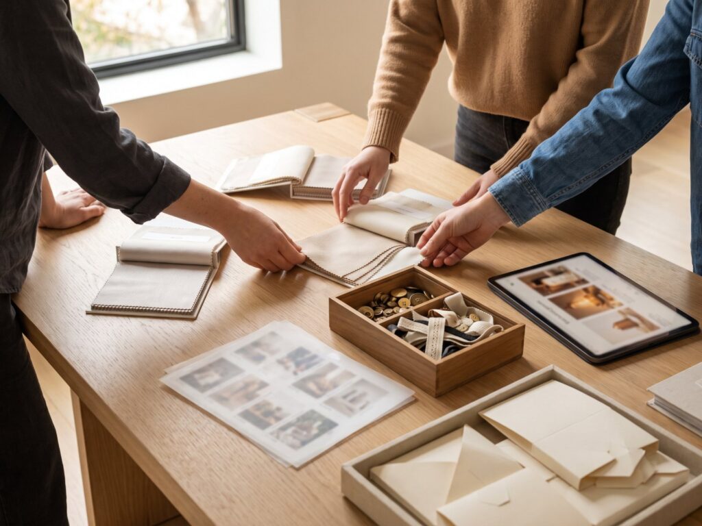 Team di partner che coordina materiali, campioni e progetti attorno allo stesso tavolo